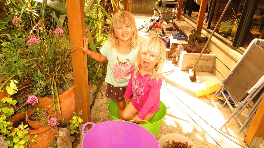 Two girls grape stomping in bucket